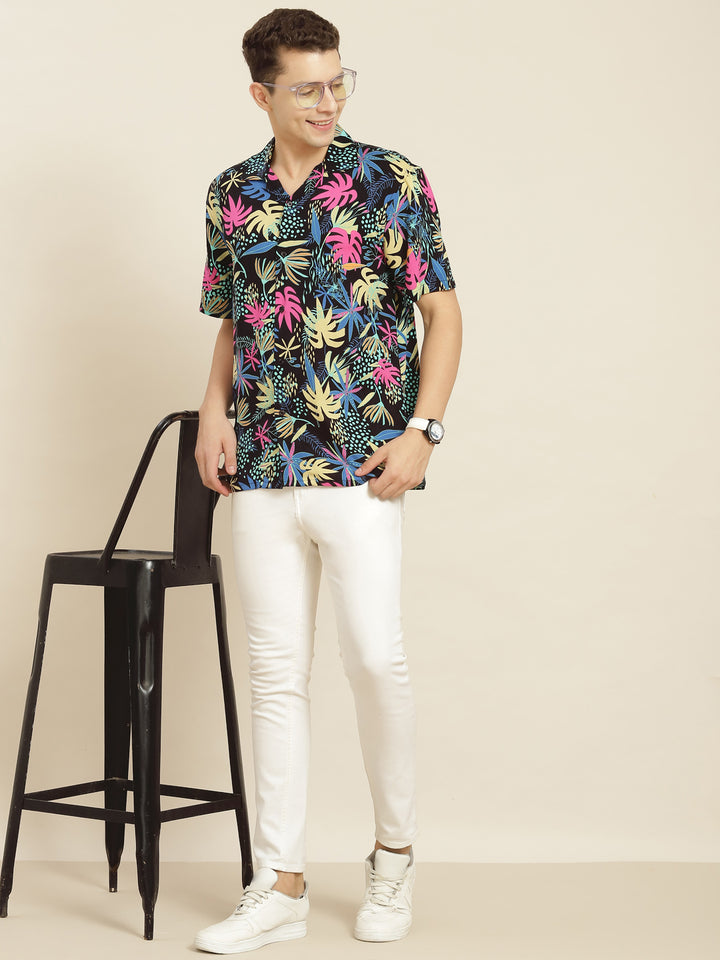 Men Black & Pink Printed Viscose Rayon Regular Fit Casual Resort Shirt