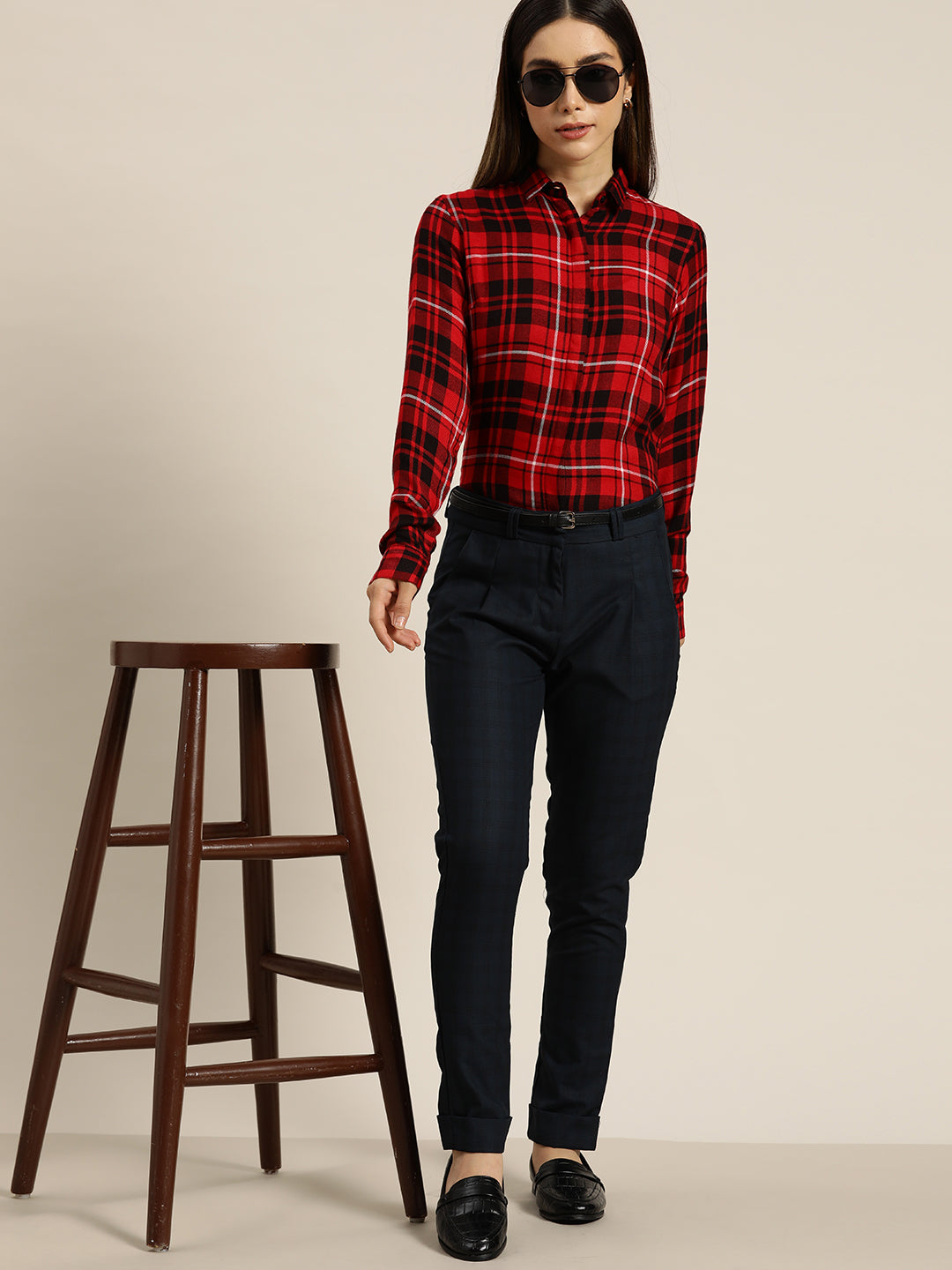 Women Red Black Checked Viscose Rayon Slim Fit Formal Shirt