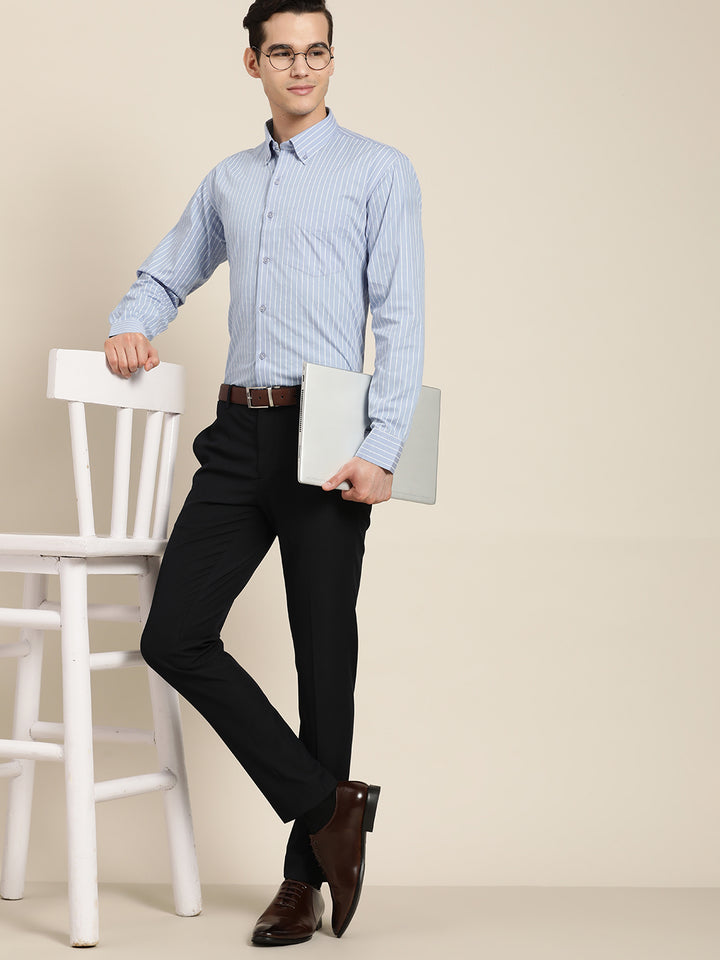 Men Blue Pure Cotton Striped Button Down Collar Slim Fit Formal Shirt