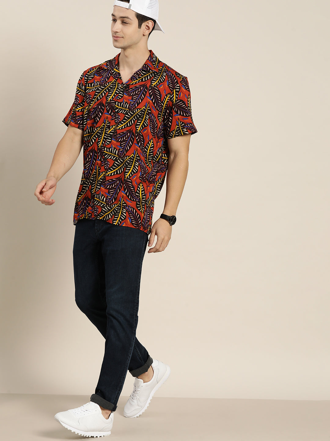 Men Black & Orange Prints Viscose Rayon Relaxed Fit Casual Resort shirt