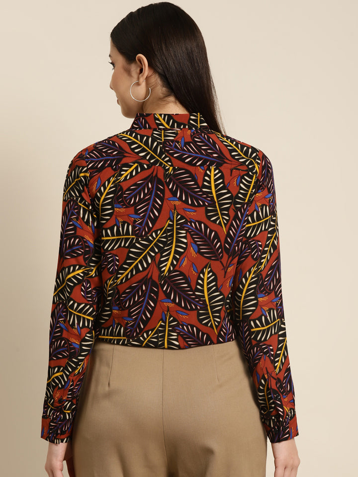Women Black & Orange Printed Viscose Rayon Slim Fit Formal Shirt