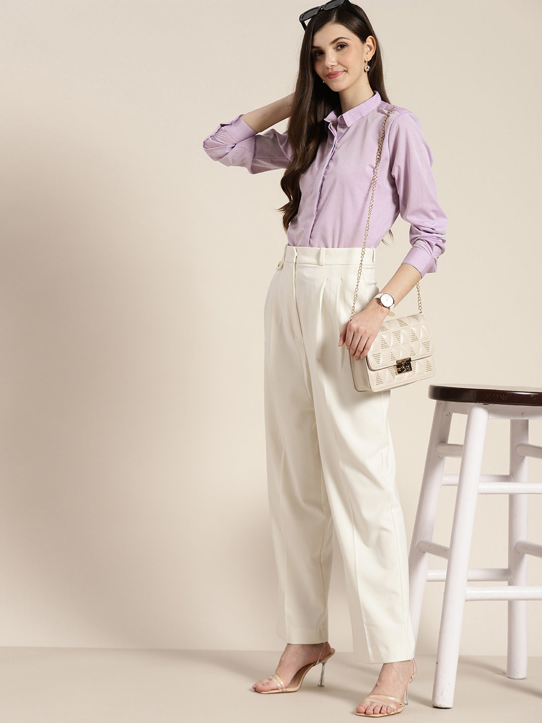 Women Lavender Solid Pure Cotton Regular Fit Formal Shirt