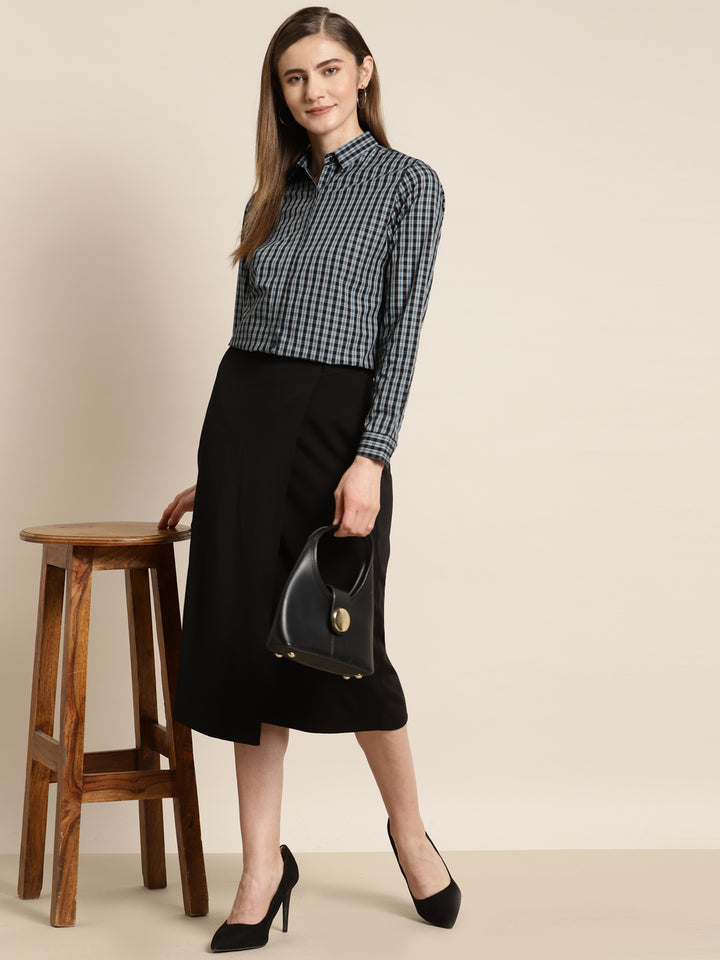 Women Black & Grey Checked Pure Cotton Slim Fit Formal Shirt