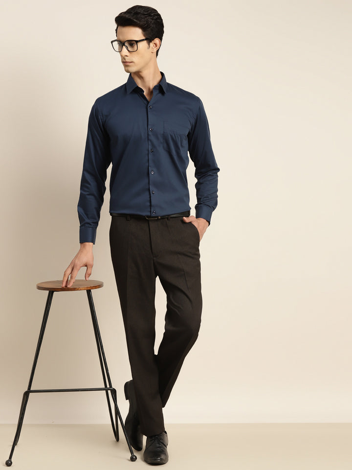 Men Navy Solid Pure Cotton Slim Fit Formal Shirt