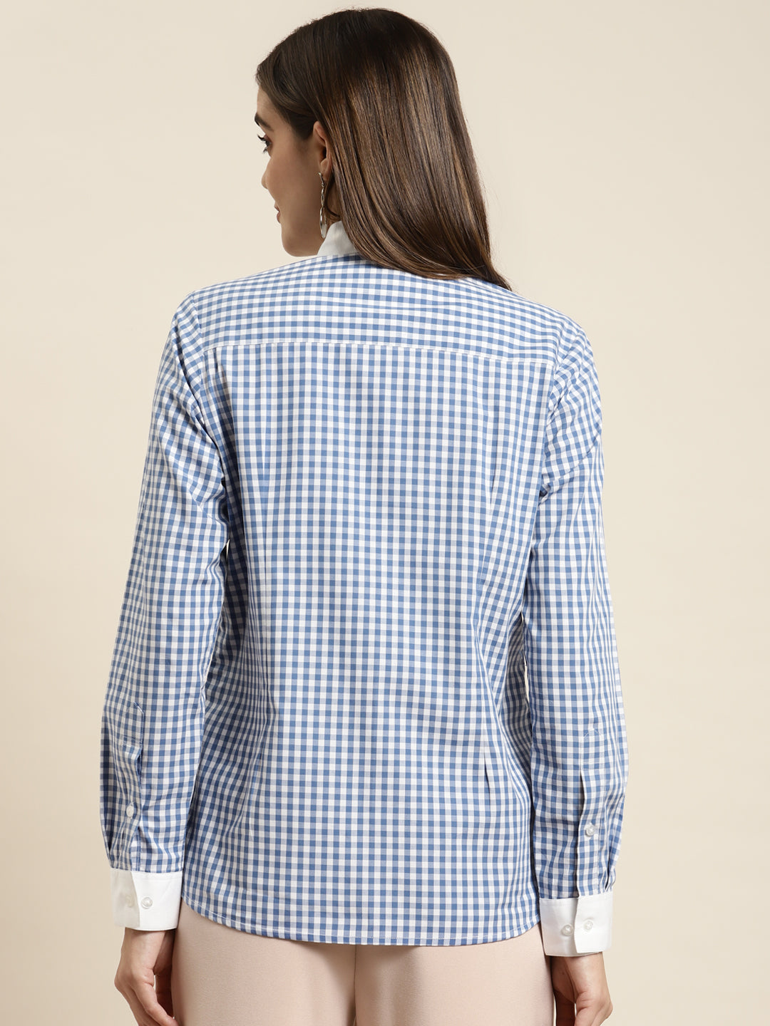 Women Blue & White Checked Pure Cotton Regular Fit Formal Shirt
