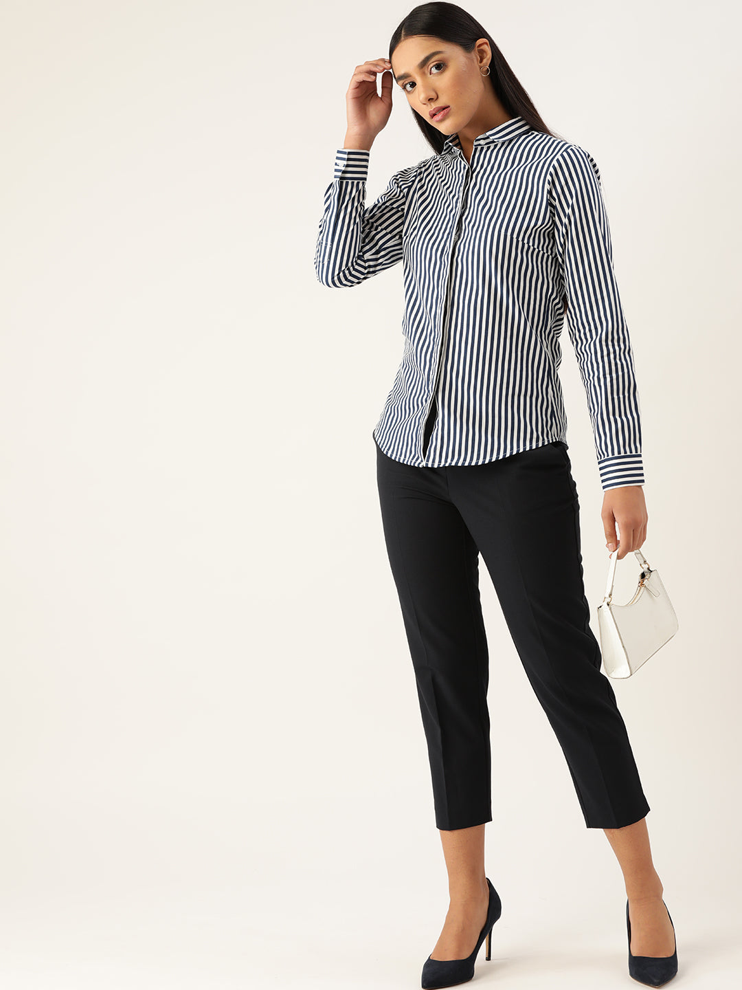 Women White & Navy Stripes Pure Cotton Slim Fit Formal Shirt