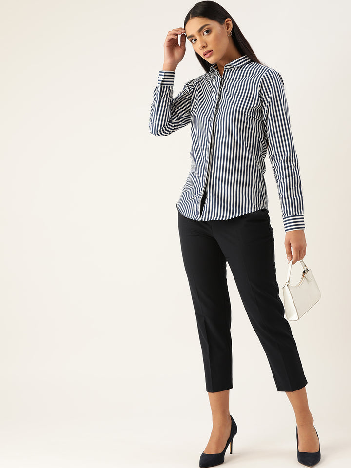 Women White & Navy Stripes Pure Cotton Slim Fit Formal Shirt