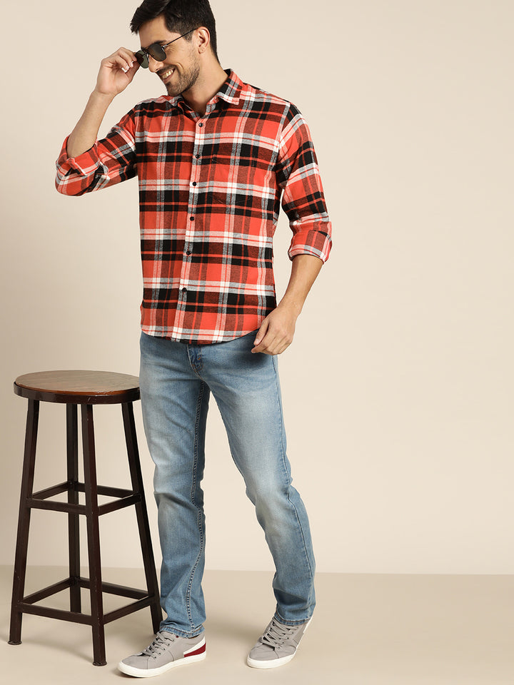 Men Red & Black Checked Pure Cotton Slim Fit Casual Shirt