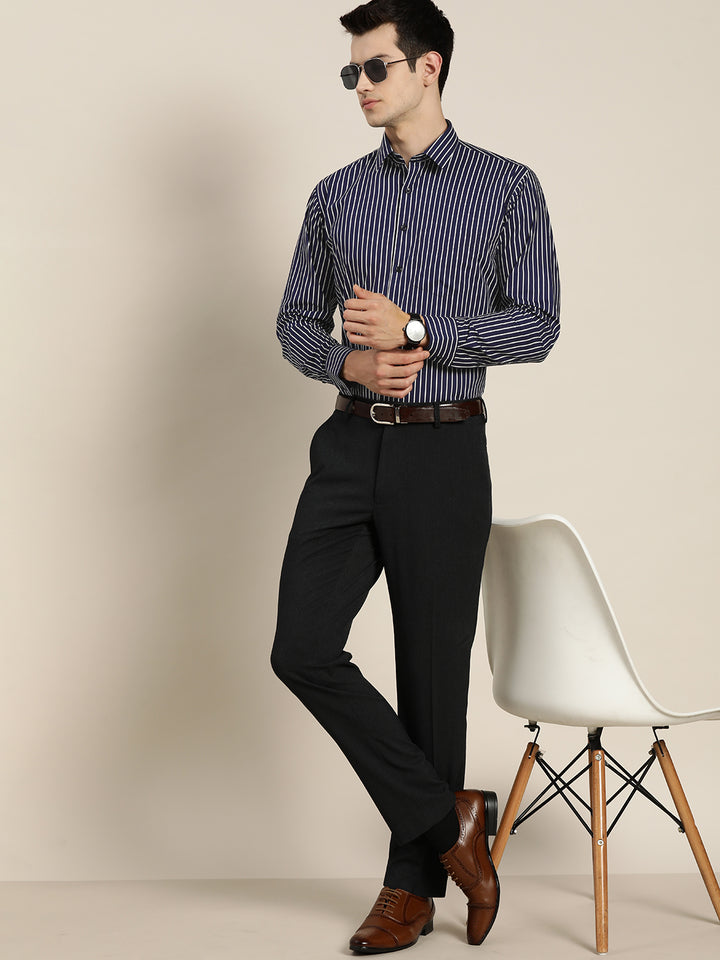 Men Navy Stripes Pure Cotton Slim Fit Formal Shirt