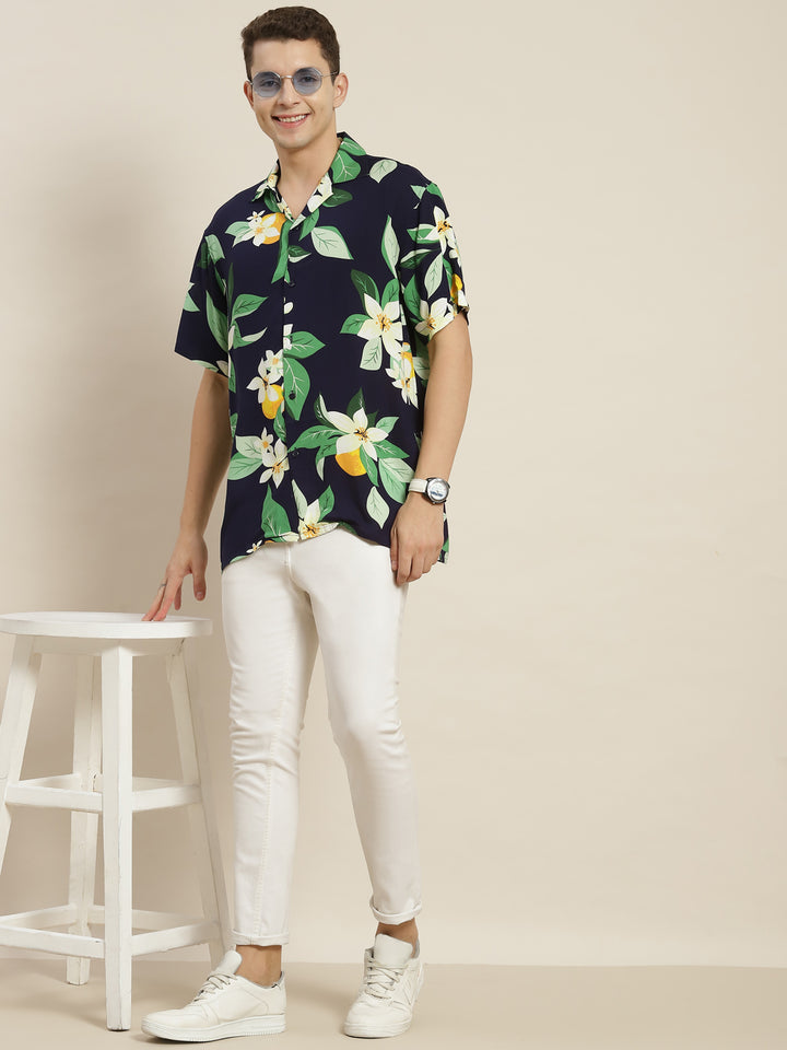 Men Navy & Green Printed Viscose Rayon Regular Fit Casual Resort Shirt
