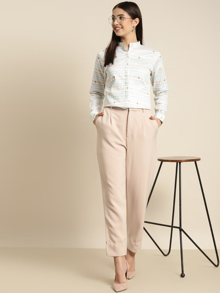 Women White & Green Striped Pure Cotton Slim Fit Formal Shirt