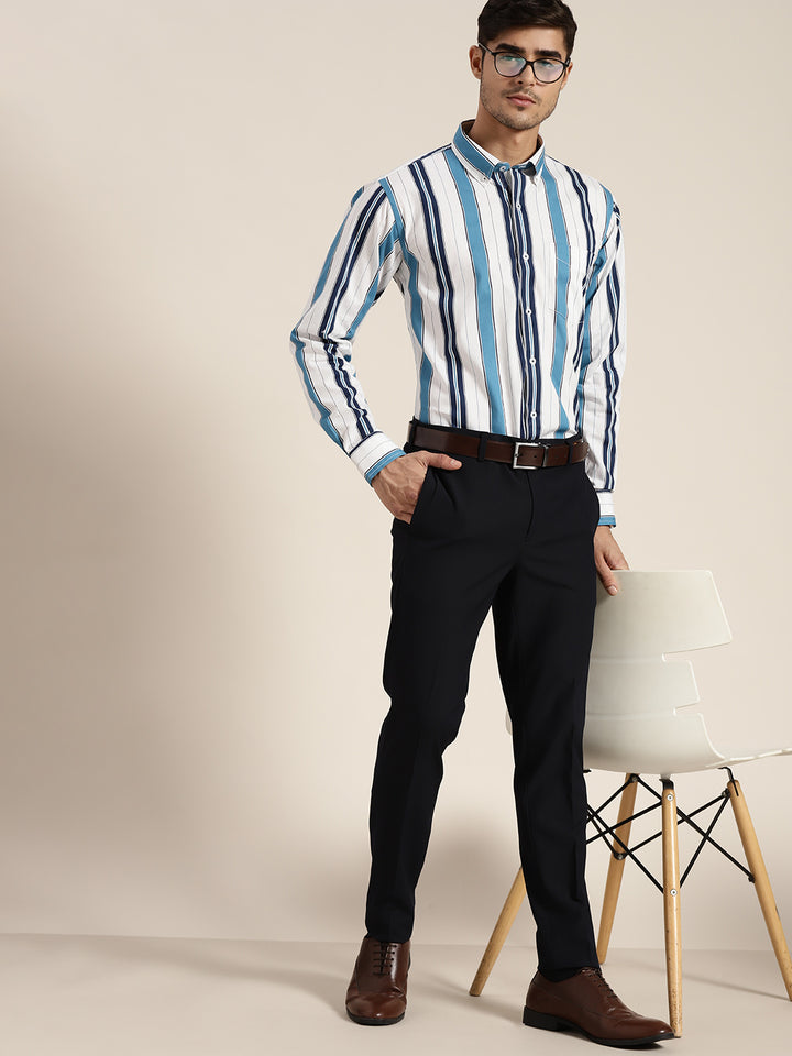 Men White & Navy Striped Pure Cotton Slim Fit Formal Shirt