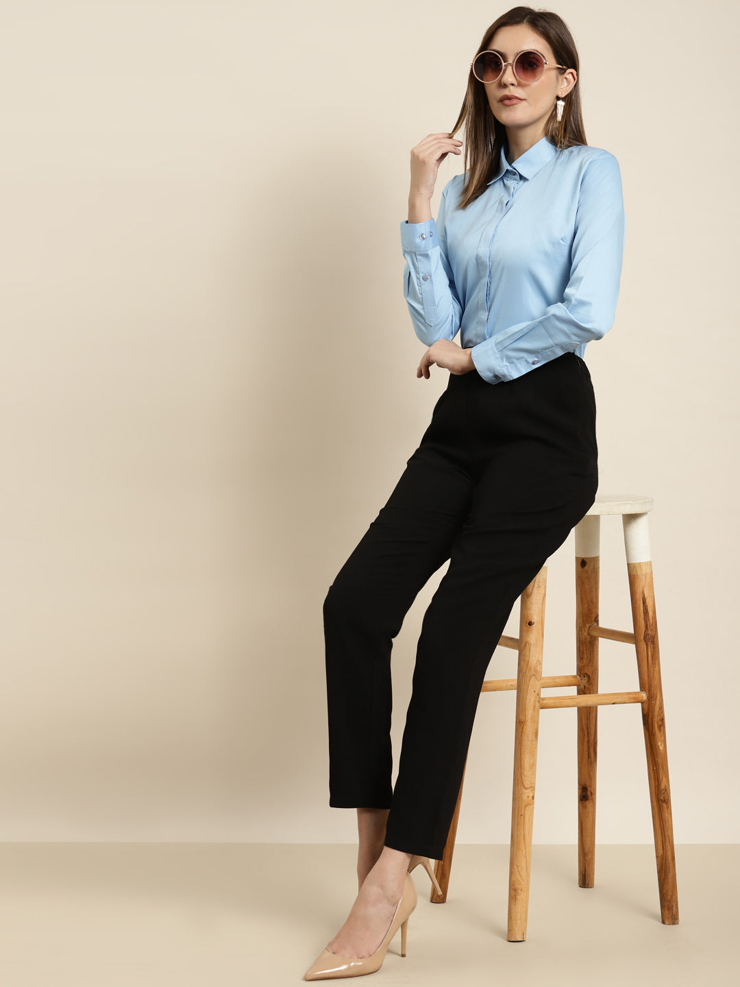 Women Blue Solid Pure Cotton Satin Regular Fit Formal Shirt