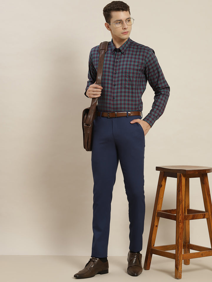 Men Navy & Green Checked Pure Cotton Slim Fit Formal Shirt