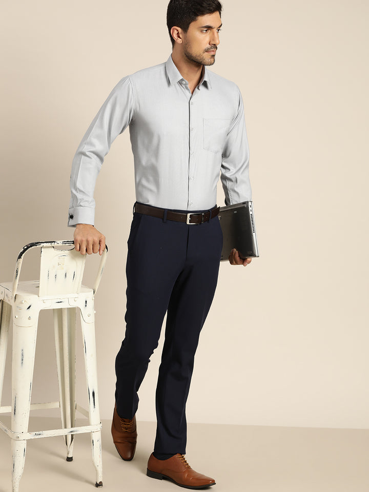 Men Grey & White Solids Cotton Rich Slim Fit Formal Shirt