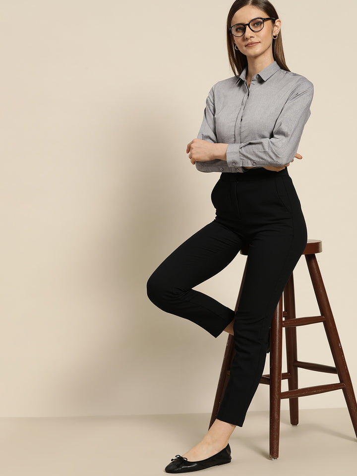 Women Grey Solid Pure Cotton Slim Fit Formal Shirt