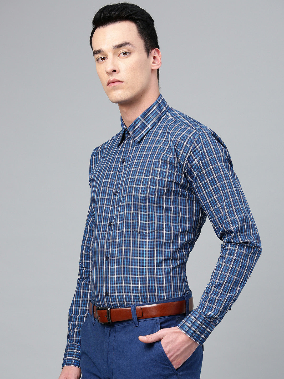 Men Navy & Blue Pure Cotton Checked Slim Fit Formal Shirt