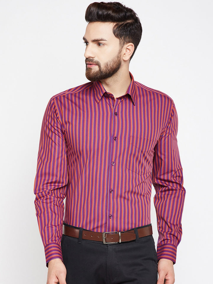 Men Wine Stripes Pure Cotton Slim Fit Formal Shirt