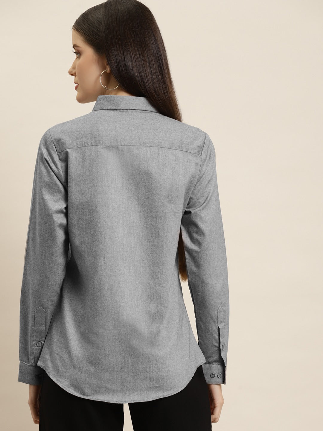 Women Grey Solid Chambray Cotton Rich Slim Fit Formal Shirt