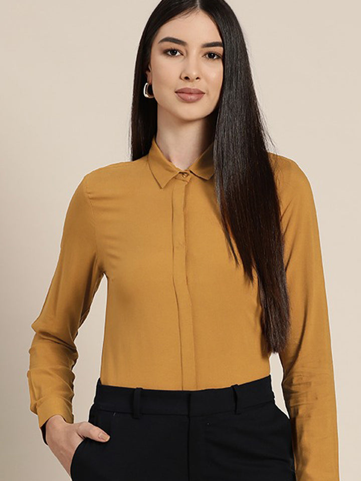 Women Mustard Solids Viscose Rayon Slim Fit Formal Shirt
