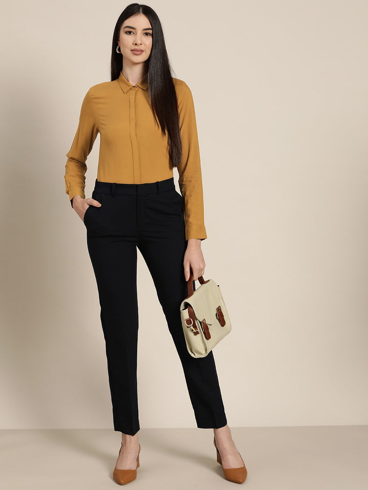 Women Mustard Solids Viscose Rayon Slim Fit Formal Shirt