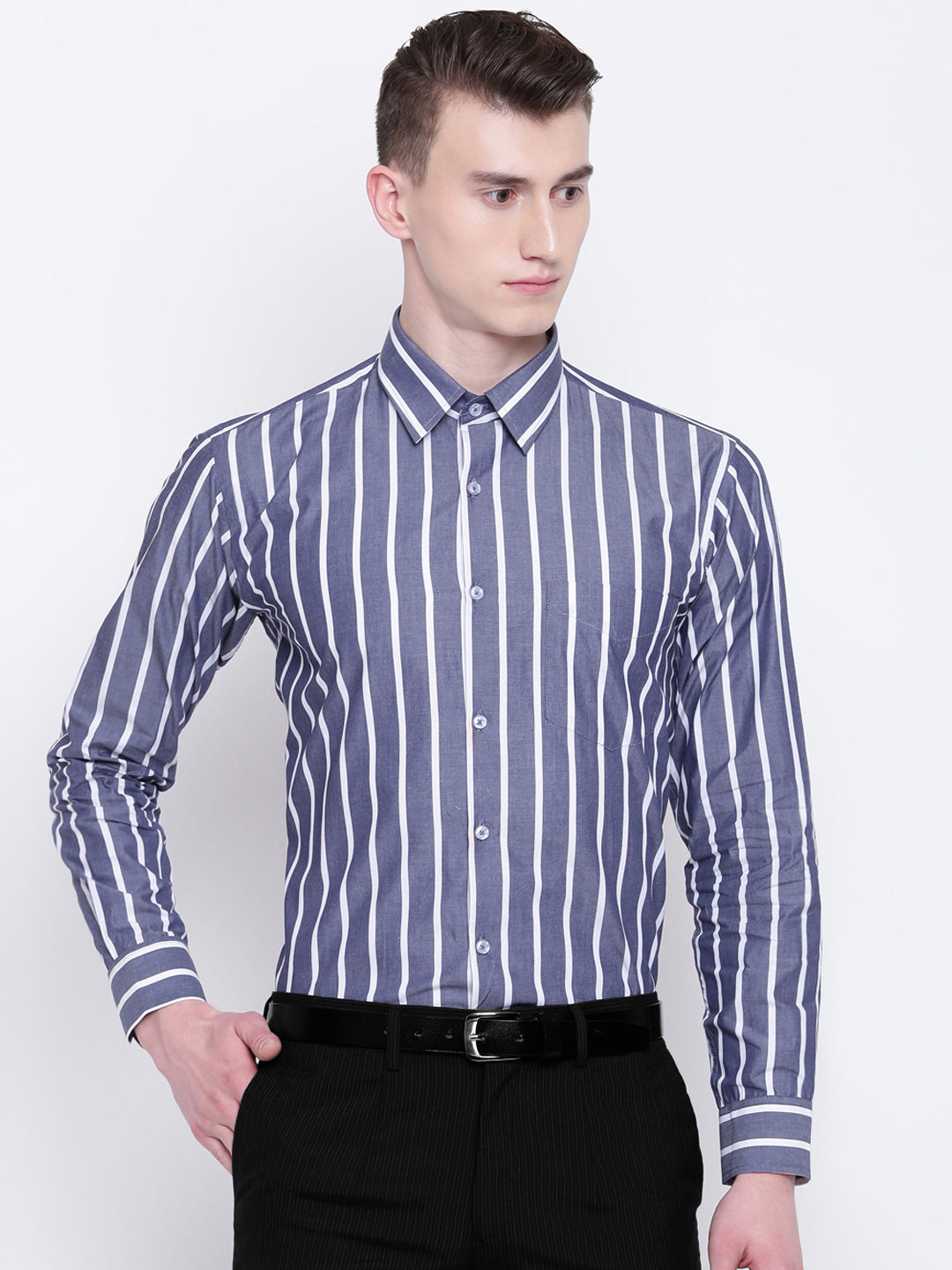 Men Grey & White Pure Cotton Striped Slim Fit Formal Shirt