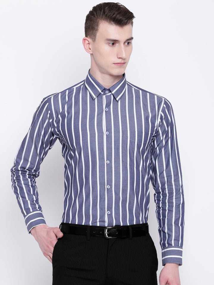 Men Grey & White Pure Cotton Striped Slim Fit Formal Shirt