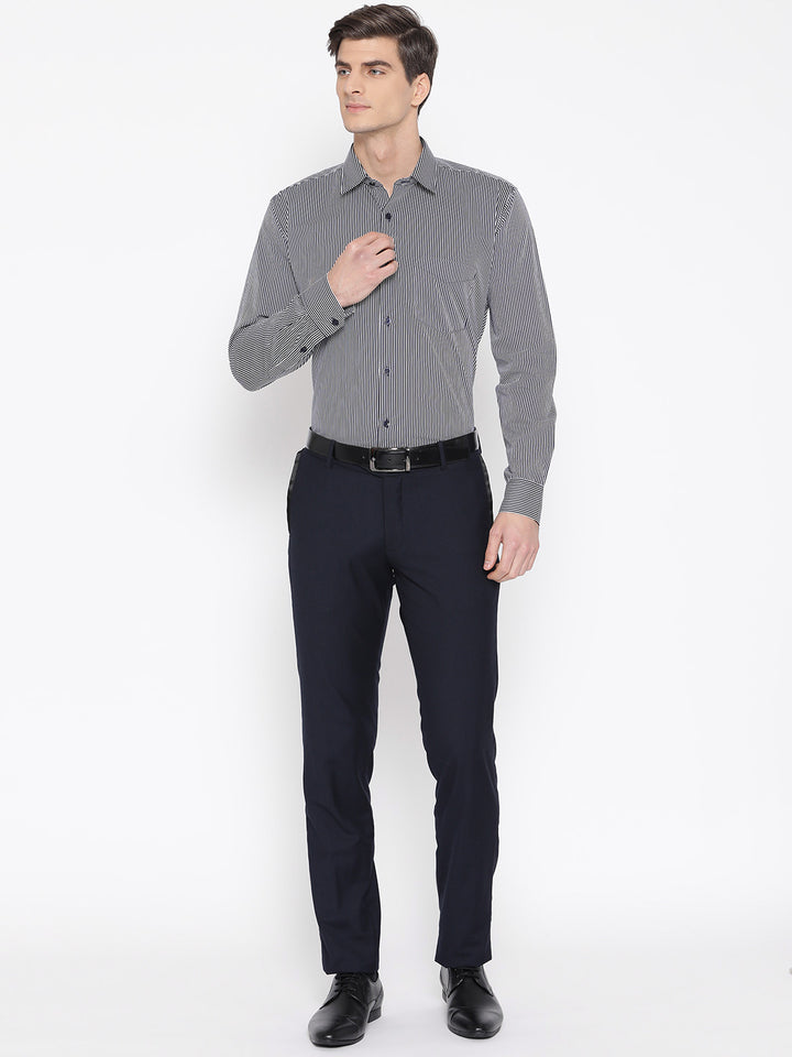 Men Navy & White Pure Cotton Striped Slim Fit Formal Shirt