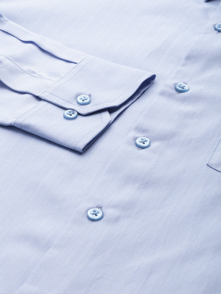 Men Blue Solid Self Design Pure Cotton Slim Fit Formal Shirt