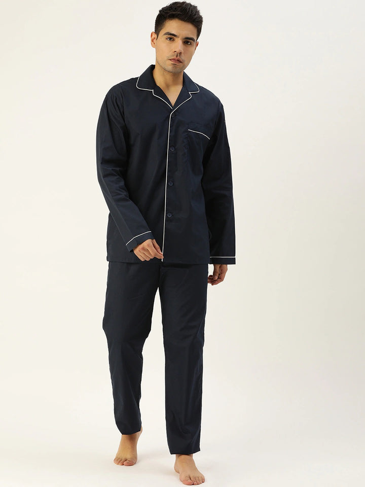 Men Navy Solids Pure Cotton Regular Fit Night Wear Night Suit