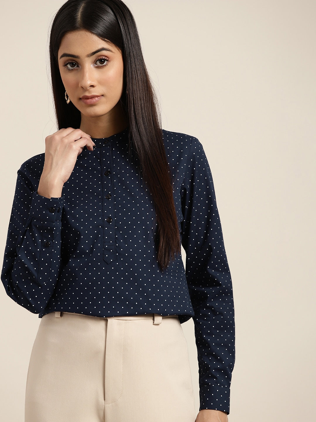 Women Navy Polka Dot Printed Pure Cotton Slim Fit Formal Top