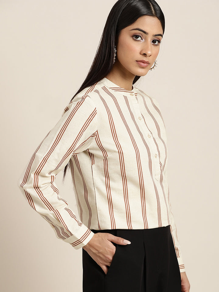 Women Beige & Red Striped Pure Cotton Slim Fit Formal Top