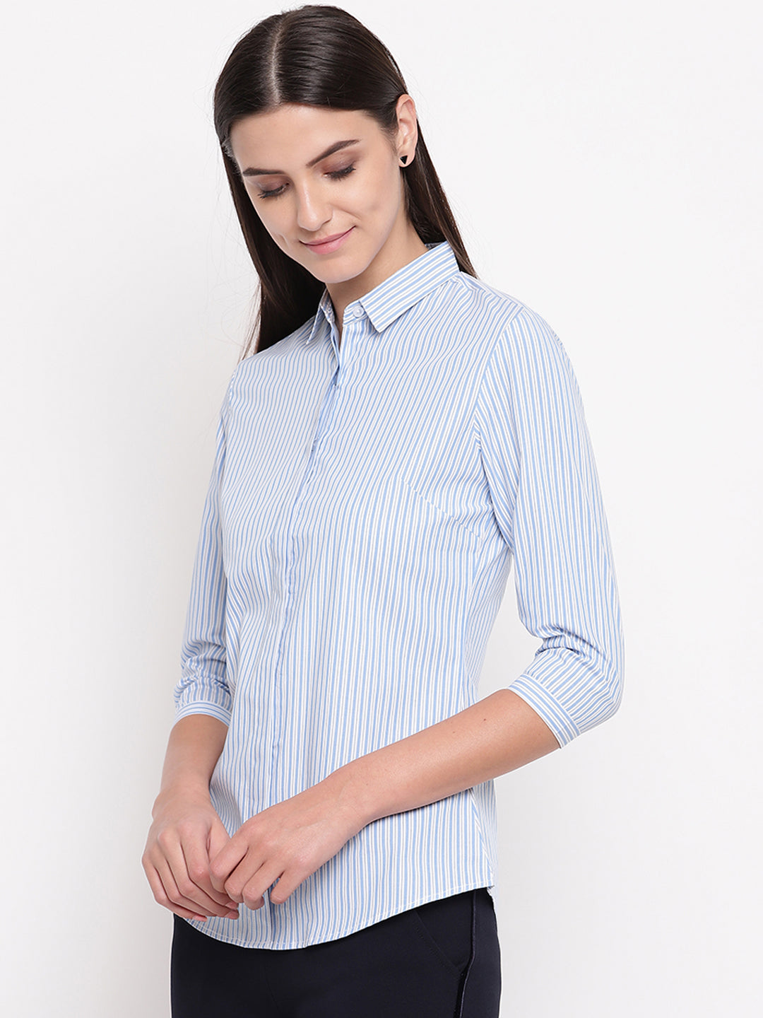 Women White & Blue Pure Cotton Striped Slim Fit Formal Shirt