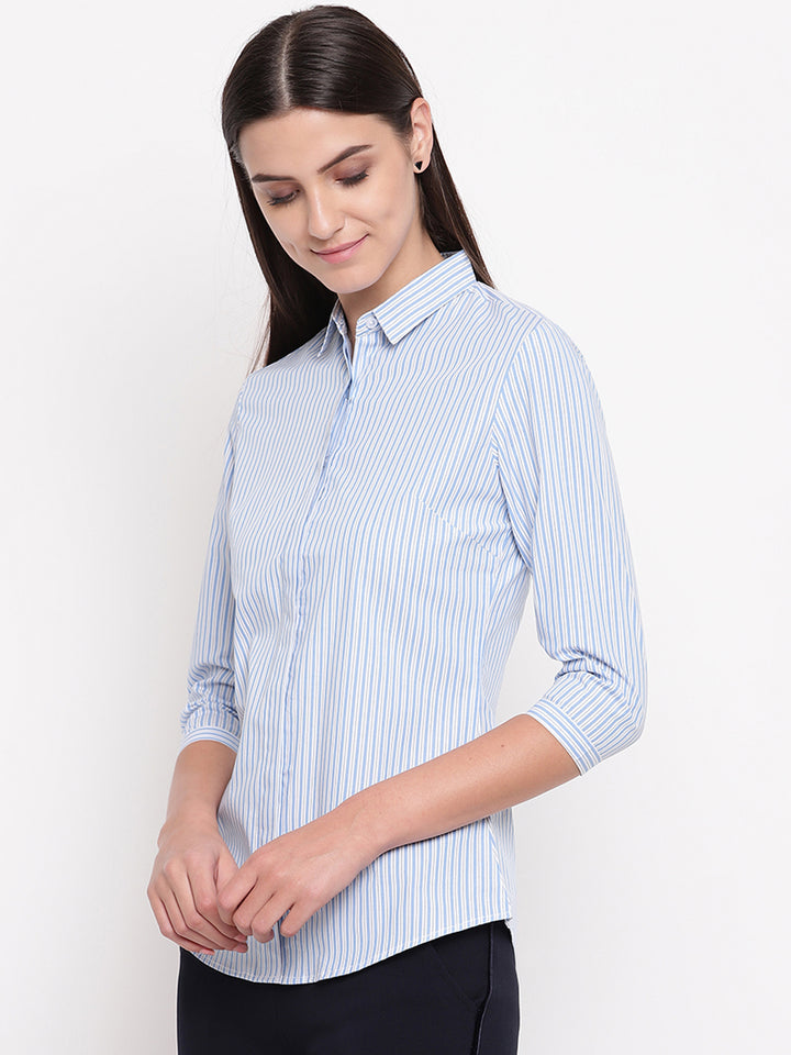 Women White & Blue Pure Cotton Striped Slim Fit Formal Shirt