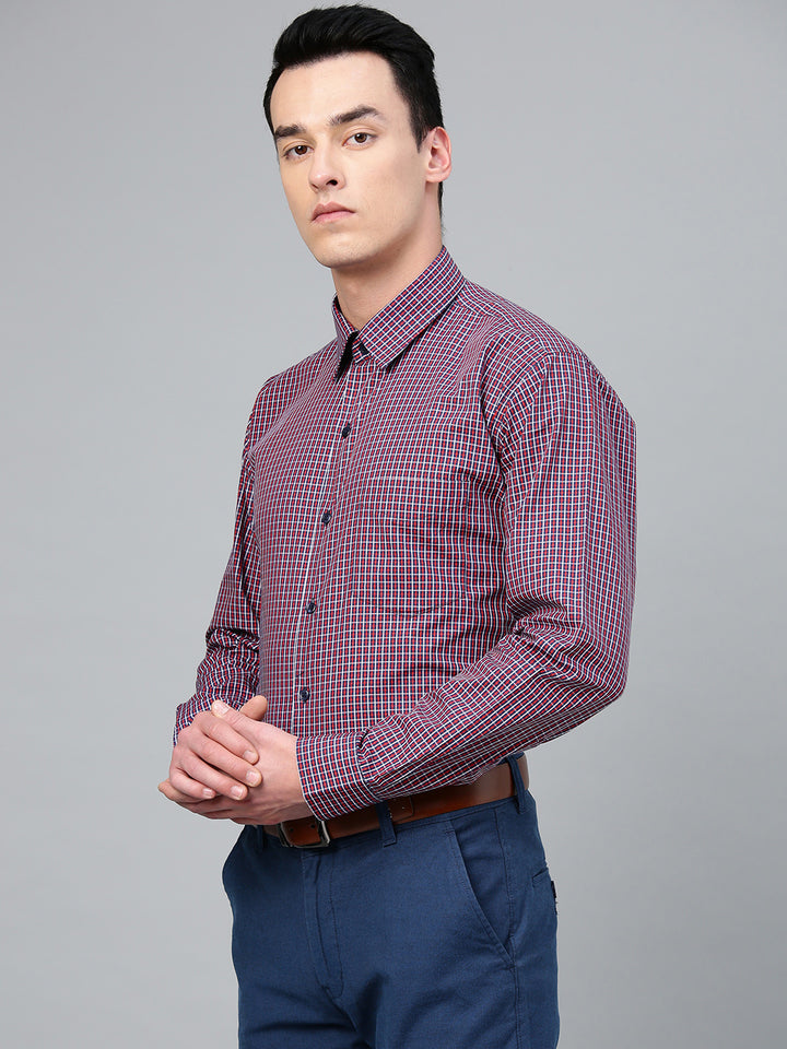Men Navy & Red Pure Cotton Checked Slim Fit Formal Shirt