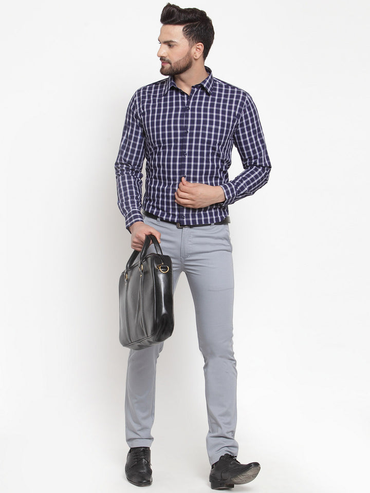 Men Navy Pure Cotton Checked Slim Fit Formal Shirt