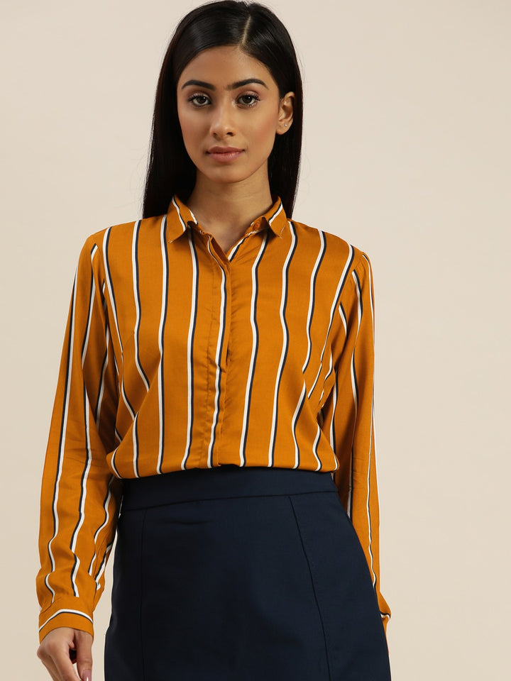 Women Mustard Striped Viscose Rayon Slim Fit Formal Shirt