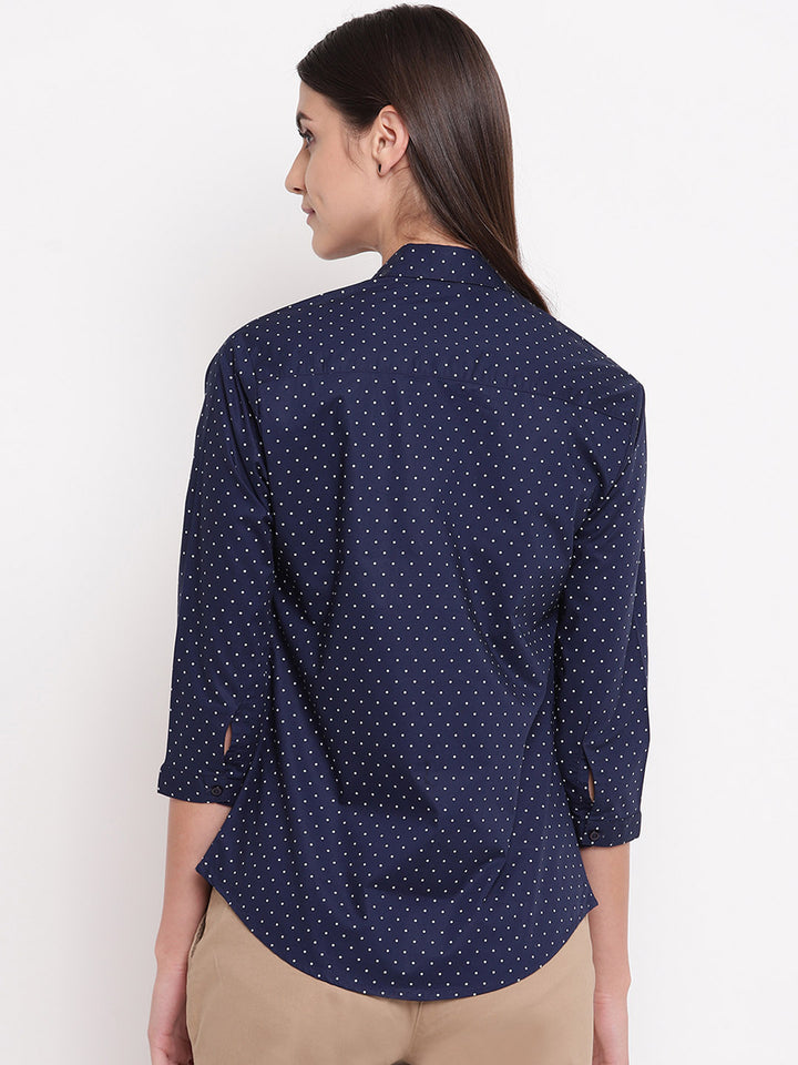 Women Navy Pure Cotton Polka Dot Printed Slim Fit Formal Shirt