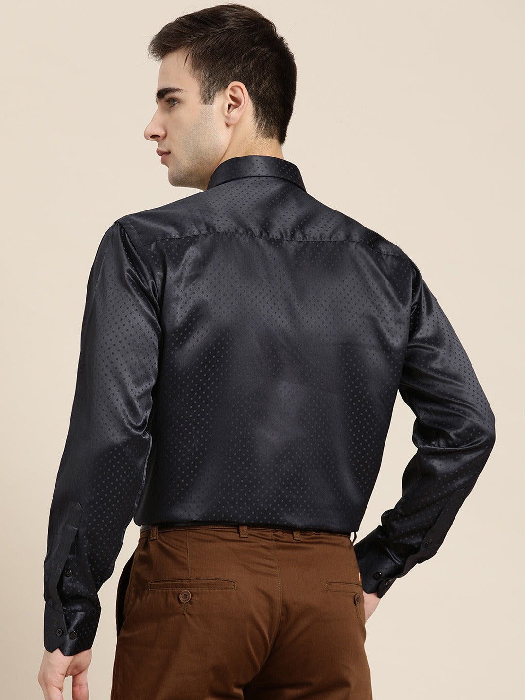 Men Navy Blue Solid Self Design Polyester Satin Slim Fit Party Formal Shirt