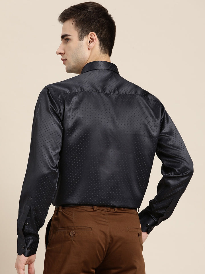 Men Navy Blue Solid Self Design Polyester Satin Slim Fit Party Formal Shirt
