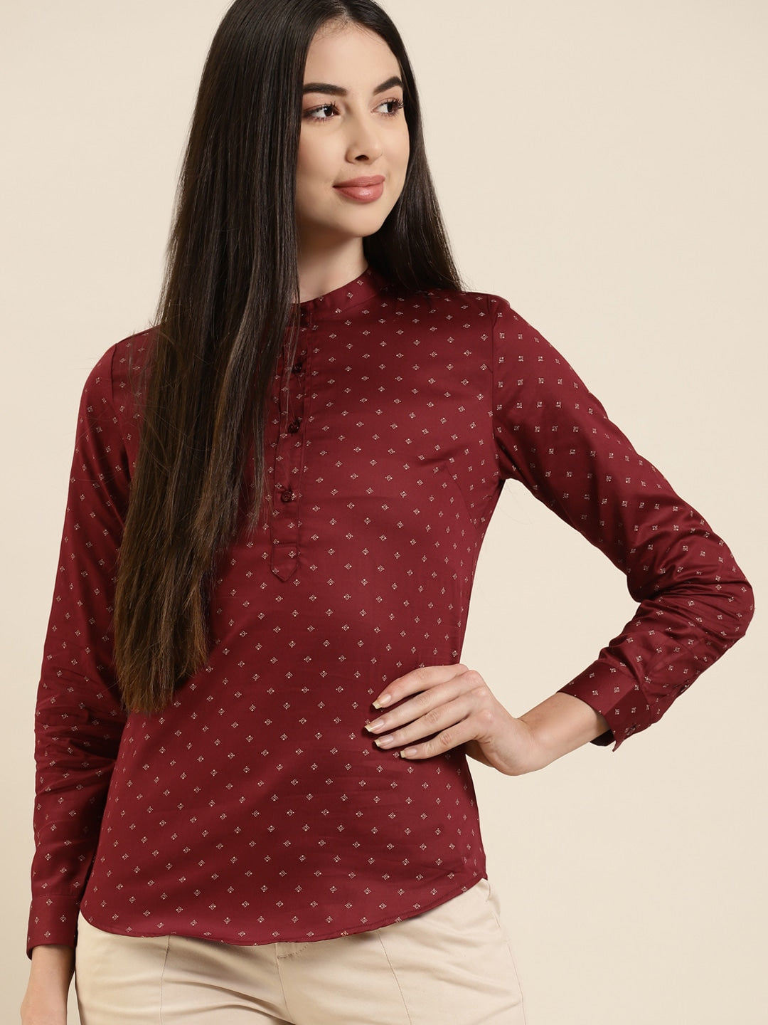 Women Maroon Printed Pure Cotton Satin Slim Fit Formal Top