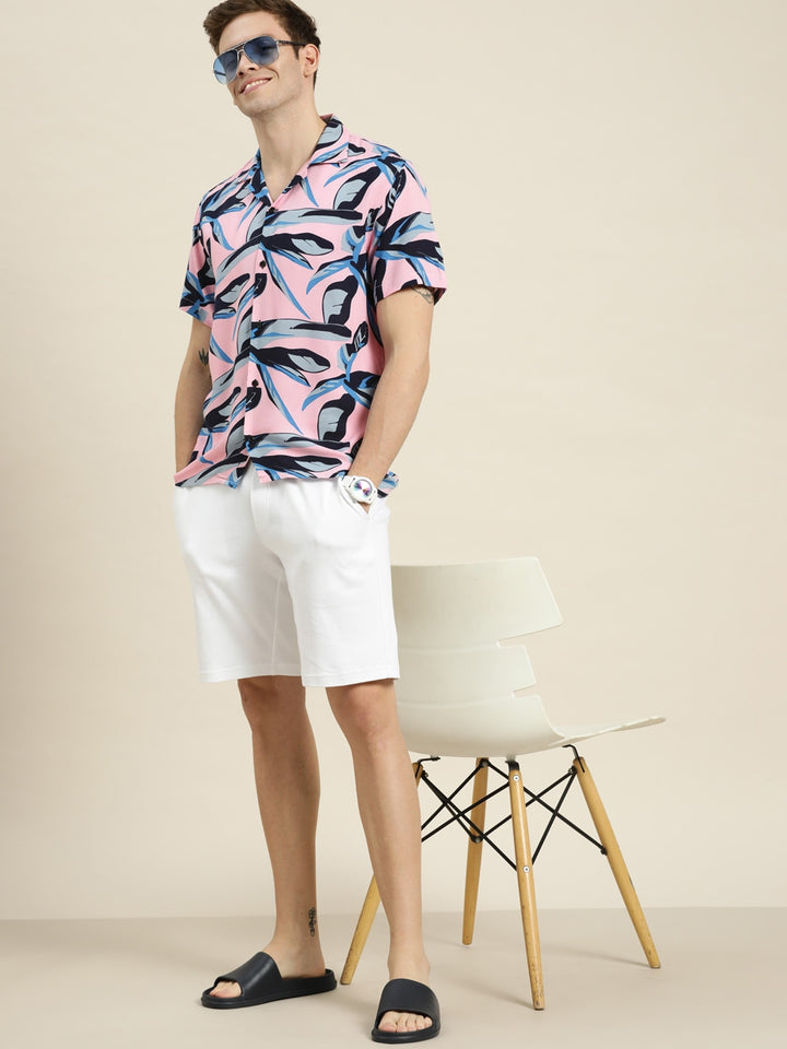 Men Pink-Navy Prints Viscose Rayon Relaxed Fit Casual Resort Shirt
