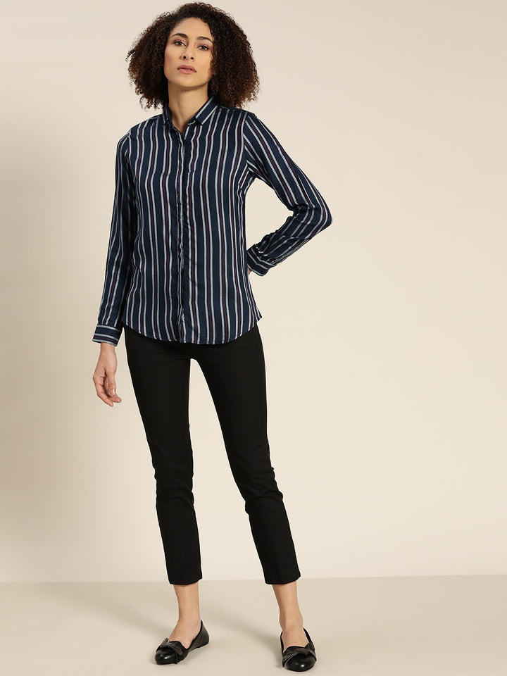 Women Navy Stripes Viscose Rayon Slim Fit Formal Shirt