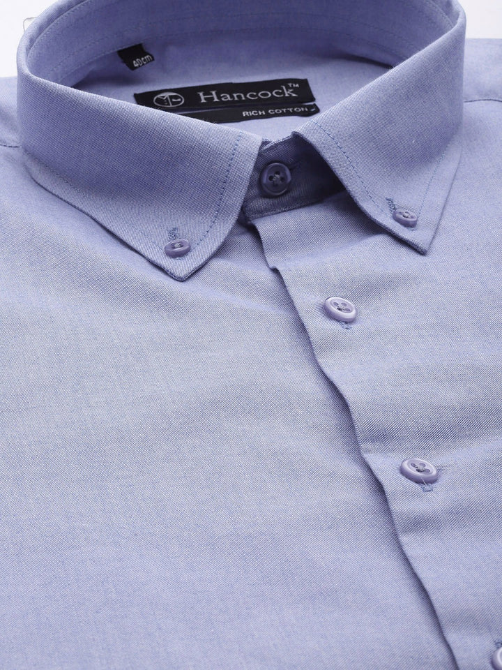 Men Sky Solid Chambray Button Down Collar Slim Fit Formal Shirt
