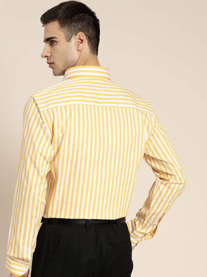 Men White & Yellow Stripes Pure Cotton Slim Fit Formal Shirt