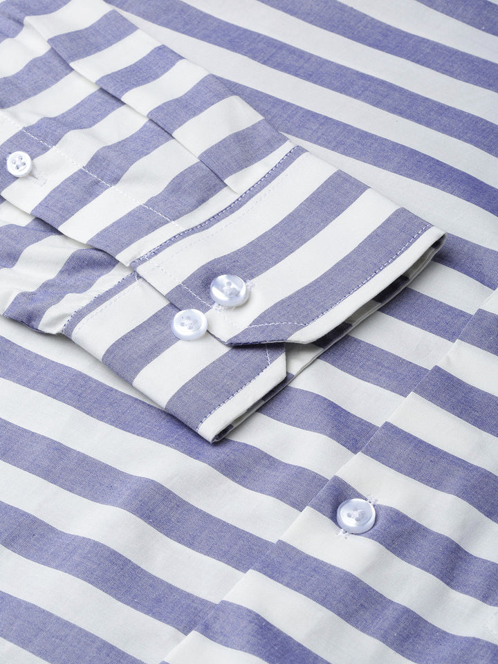 Men Blue & White Pure Cotton Striped Slim Fit Formal Shirt