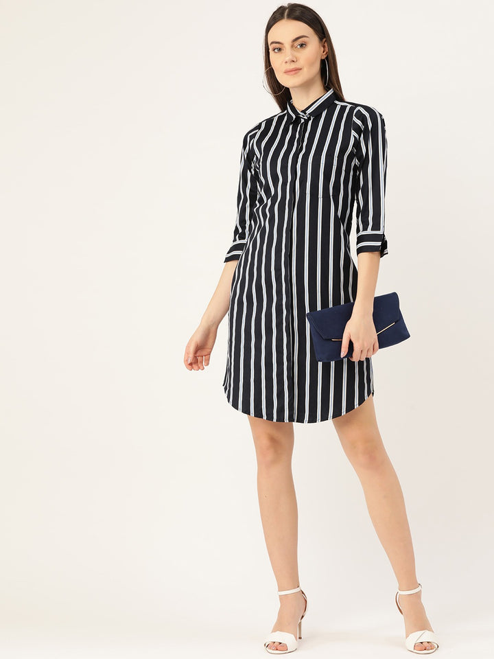 Women Navy Blue Stripes Pure Cotton Regular Fit Formal Dress