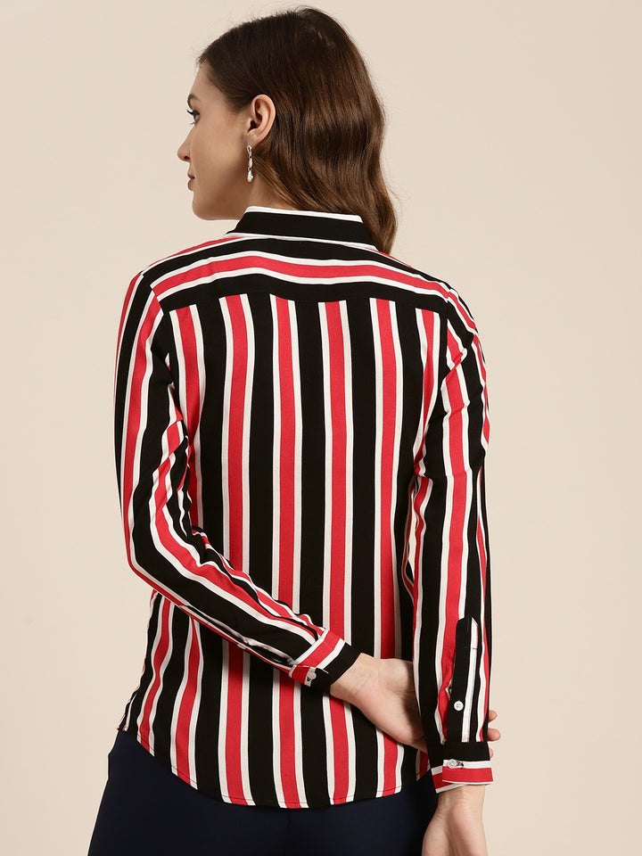 Women Black & Red Stripes Viscose Rayon Slim Fit Formal Shirt