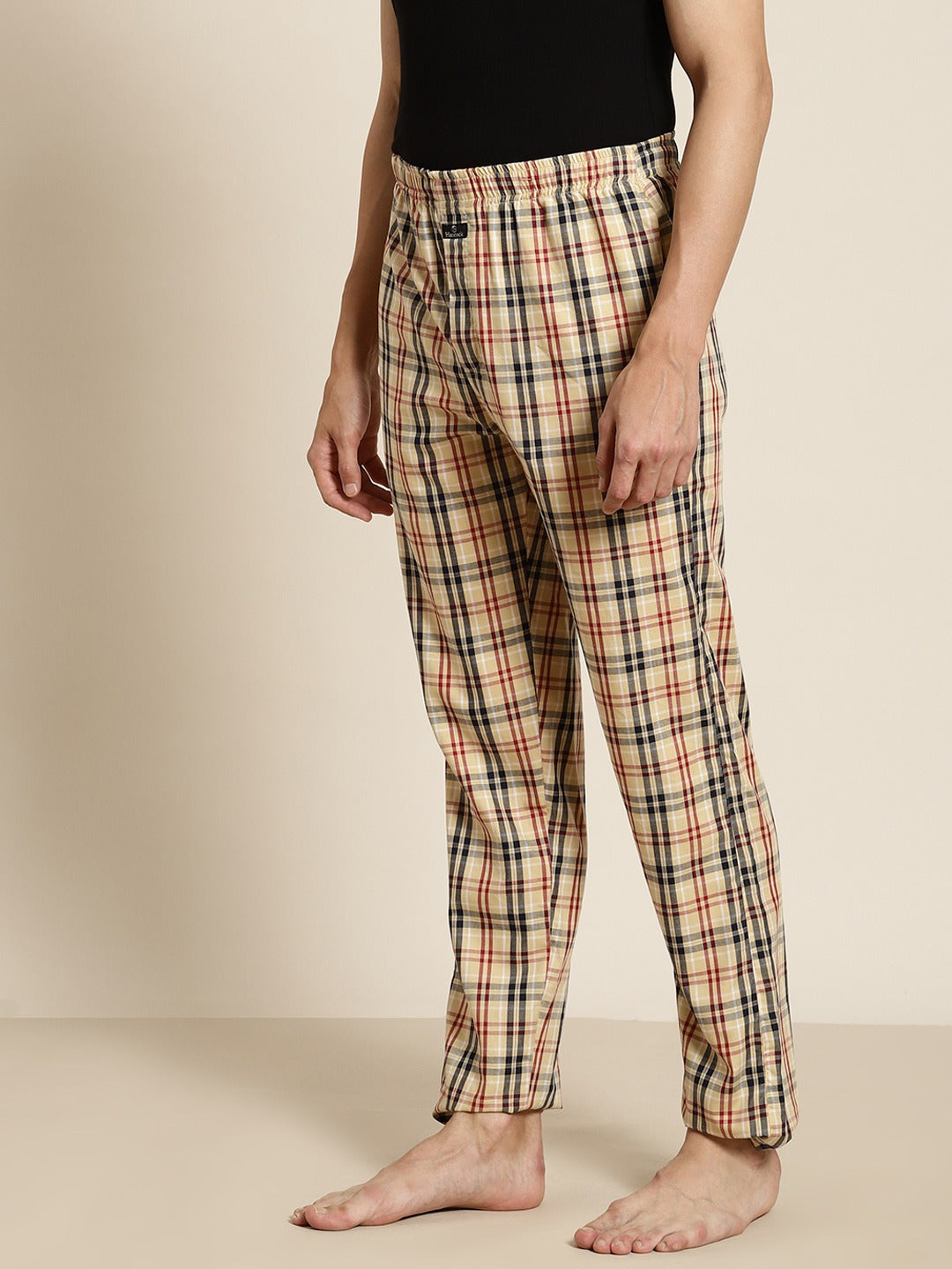 Men Beige Checks Pure Cotton Relaxed Fit Casual Lounge Pant