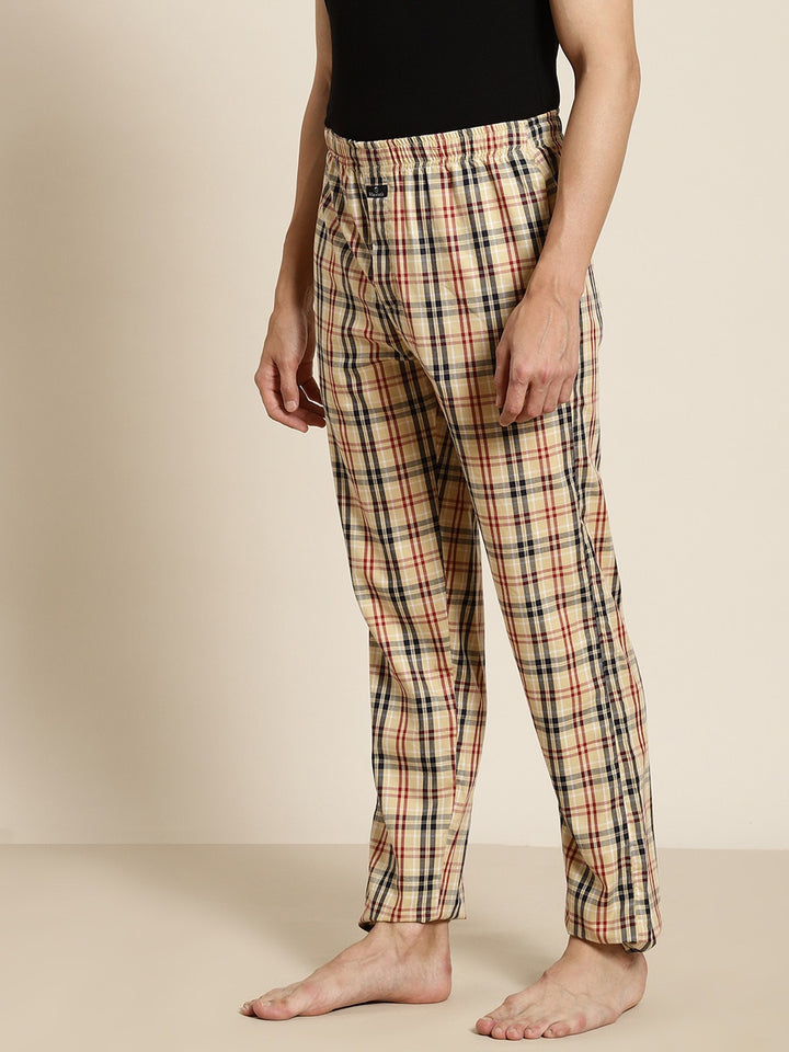 Men Beige Checks Pure Cotton Relaxed Fit Casual Lounge Pant